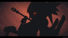 a silhouette of a person with red eyes holding a sword and a spear