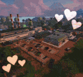an aerial view of a factory with hearts flying around it and a sign that says king foods