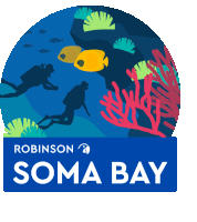 a logo for robinson soma bay shows scuba divers and coral