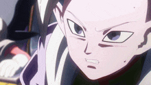 a close up of a cartoon character 's face with a purple eye