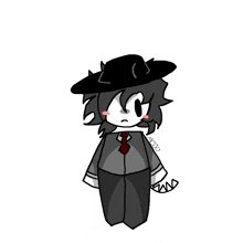 a black and white drawing of a cartoon character wearing a hat and tie