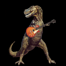a dinosaur is playing a red gibson guitar