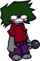 a cartoon character with a red shirt and purple pants