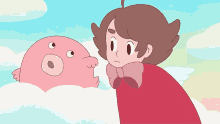 a cartoon girl with a pink bow is standing next to a pink animal