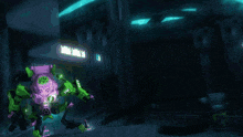 a purple and green robot with a purple light coming out of it 's head