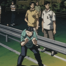 a man in a green shirt with the number 1 on it stands in front of a group of people