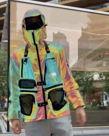 a man wearing a colorful jacket and a mask stands in front of a mirror