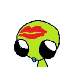 a pixel art of a green alien with red lips on his face