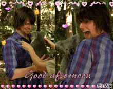 a picture of a man petting a koala bear and the words good afternoon