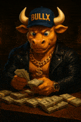 a cartoon bull wearing a blue bullx hat is counting money