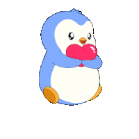 a blue and white penguin is holding a red heart