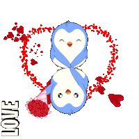 two penguins are in a heart surrounded by red hearts and the word love is on the bottom