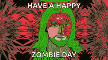 a picture of jesus with green hair and a third eye on a colorful background .