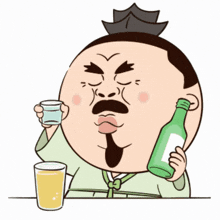 a cartoon of a man holding a beer bottle and a glass