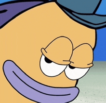 a close up of a cartoon character wearing a hat and a purple mouth