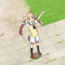 a cartoon girl is standing on a brick sidewalk with her arms outstretched