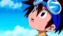 a cartoon character wearing a blue headband and goggles looks up at the sky .