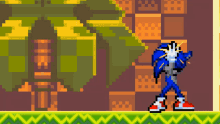 a pixel art of sonic the hedgehog walking on a checkered background