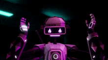 a robot is wearing headphones and has a flame on its eyes