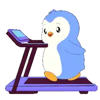 a cartoon penguin is sweating while walking on a treadmill