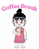 a cartoon girl is holding a cup of coffee and the words coffee break are above her