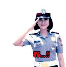 a woman in a police uniform salutes in front of a sign that says ' siap laksanakan '