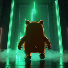a teddy bear is standing in front of a green wall with a graph on it