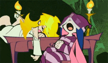 a couple of cartoon characters sitting on a table with candles in the background