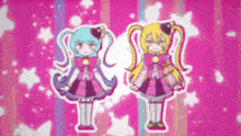 two anime girls standing next to each other on a pink background .
