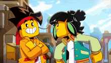 two lego characters are standing next to each other
