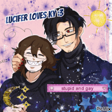 lucifer loves ky3 is written on a picture of two anime characters