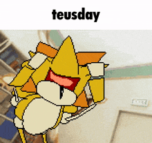 a pixel art drawing of a cartoon character with the word teusday below it