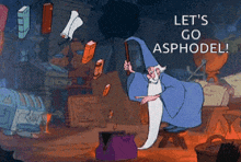 a cartoon wizard says let 's go asphodel while holding a wand