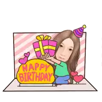 a happy birthday card with a girl holding a present