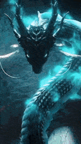 a dragon with a long tail and horns is surrounded by a blue glow .
