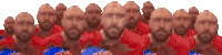 a group of bald men with beard wearing red shirts are lined up in a row .
