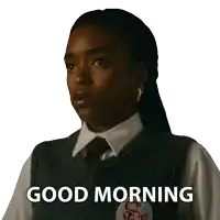 a girl wearing a vest and tie says good morning