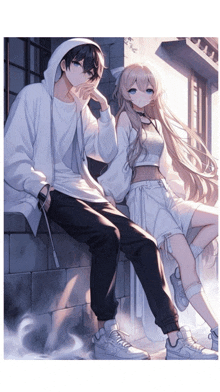 a boy and a girl are sitting next to each other on a ledge