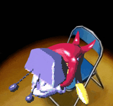 a pixel art drawing of a devil laying on a blue chair