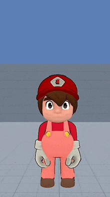 a cartoon character wearing overalls and a red hat with the letter j on it