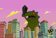 a cartoon of a giant dinosaur holding a sword in a city