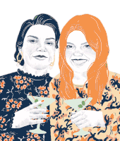 a drawing of two women holding martini glasses and smiling