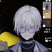 a screenshot of a video game shows a character with white hair wearing glasses and a necklace