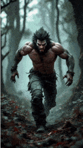 a werewolf is walking through a dark forest