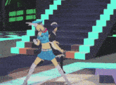 a woman in a maid outfit is dancing in front of a set of stairs