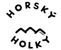 a black and white logo for horsky holky with a stick figure carrying a box