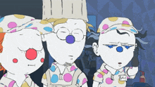 a cartoon drawing of three clowns one of whom has a name tag that says buckle