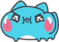 a cartoon drawing of a blue cat with pink cheeks and a tear coming out of its eyes .