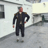 a man in a military uniform is walking on a deck with a viggle.ai logo in the corner