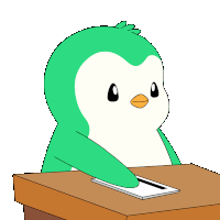 a cartoon penguin is sitting at a desk reading agw magazine